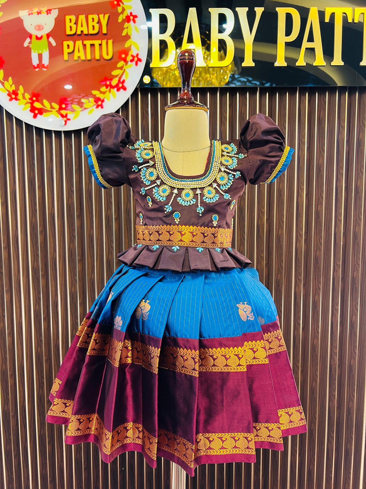 Brown Top And Blue Bottom Pattu Pavada