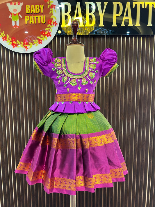Purple Top And Green Bottom Pattu Pavada