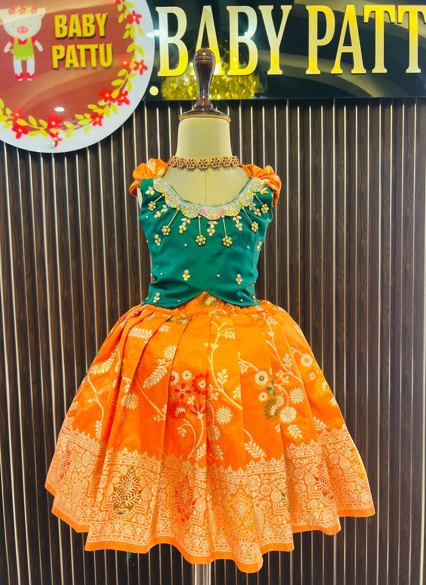 Green Color Top & Orange Color Banarasi Bottom Pattu Pavada