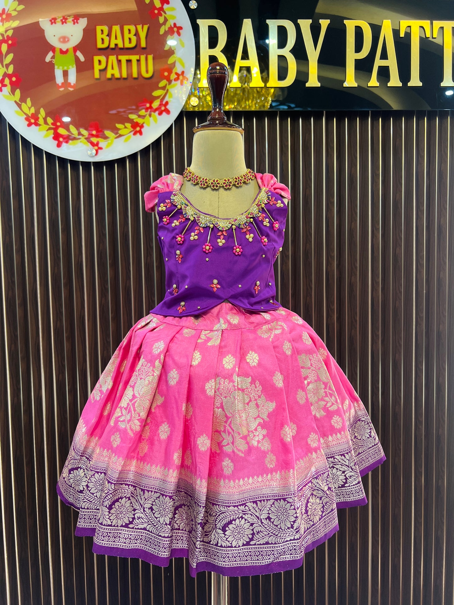 Purple Color Top & Pink Color Banarasi Bottom Pattu Pavada