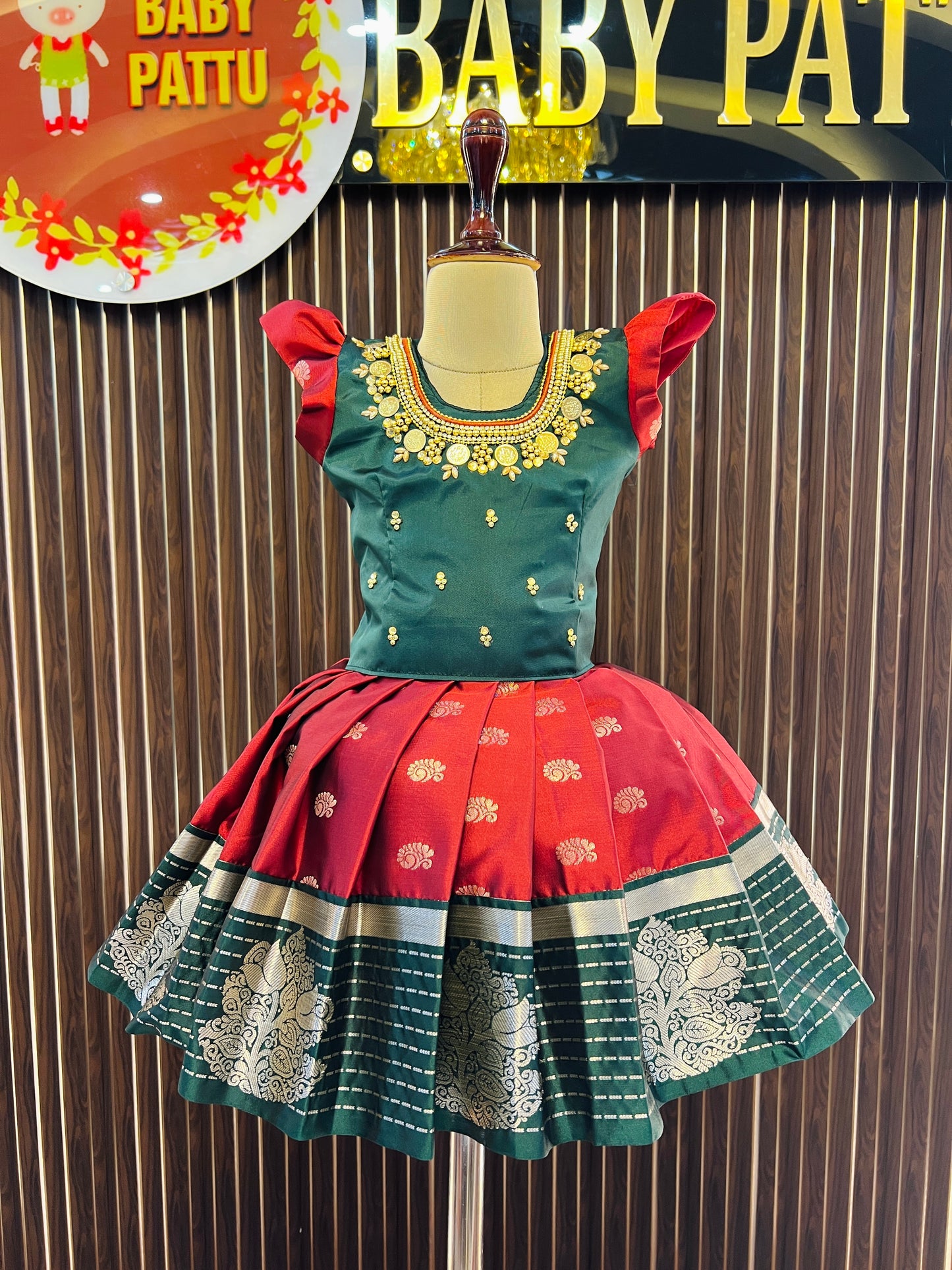 Combo 2 Tops with 1 bottom - Green Top & Copper Bottom Pattu Pavada