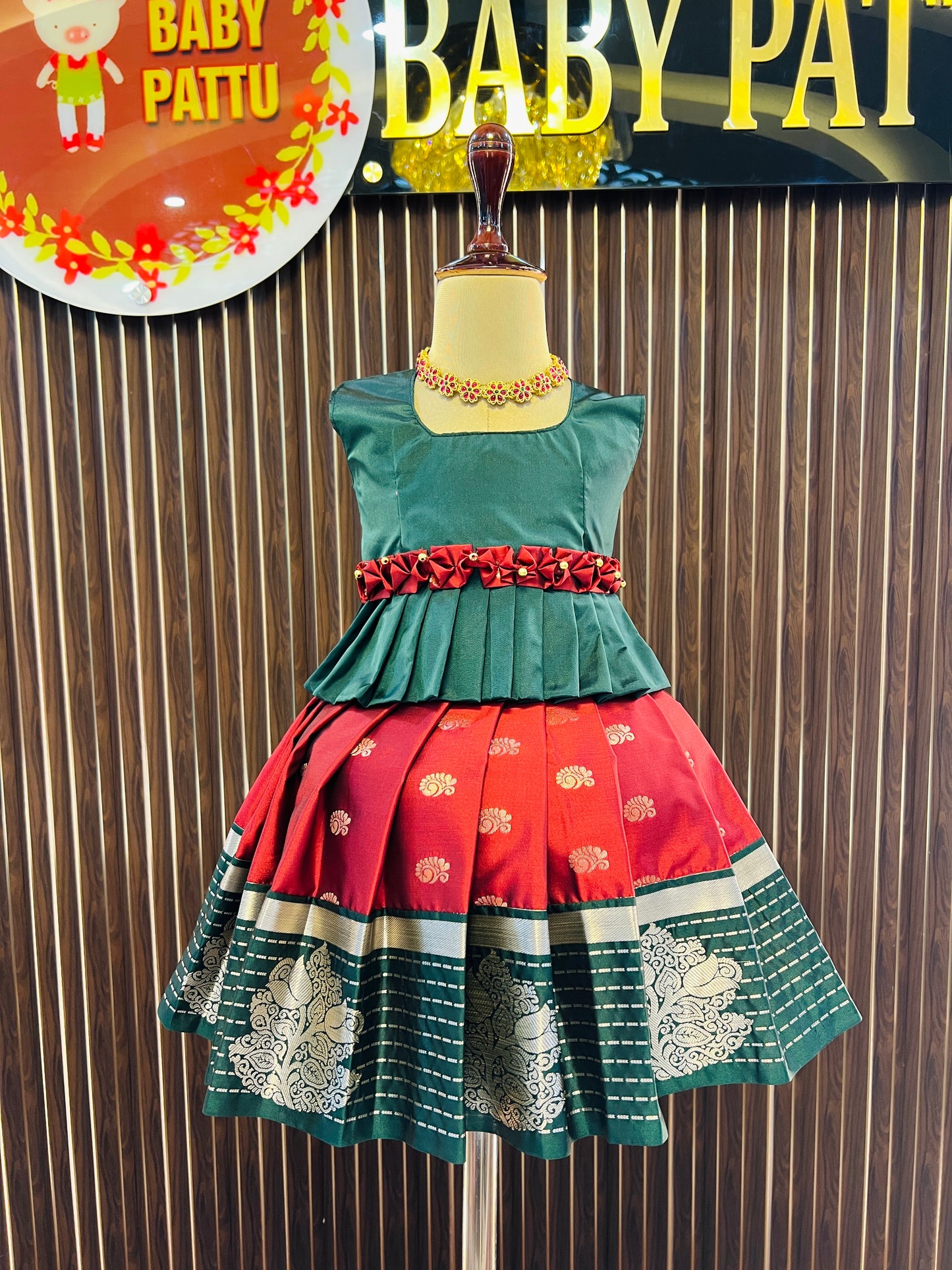 Combo 2 Tops with 1 bottom - Green Top & Copper Bottom Pattu Pavada