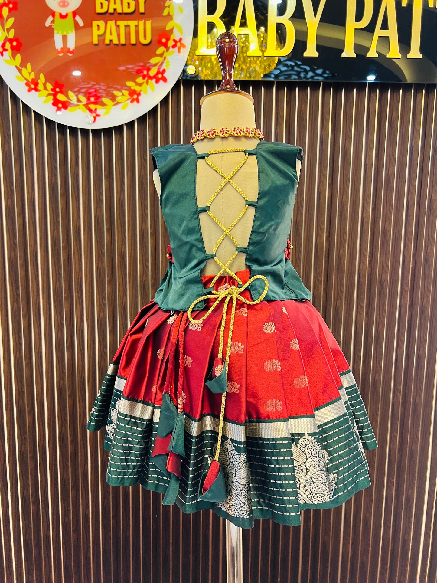 Combo 2 Tops with 1 bottom - Green Top & Copper Bottom Pattu Pavada