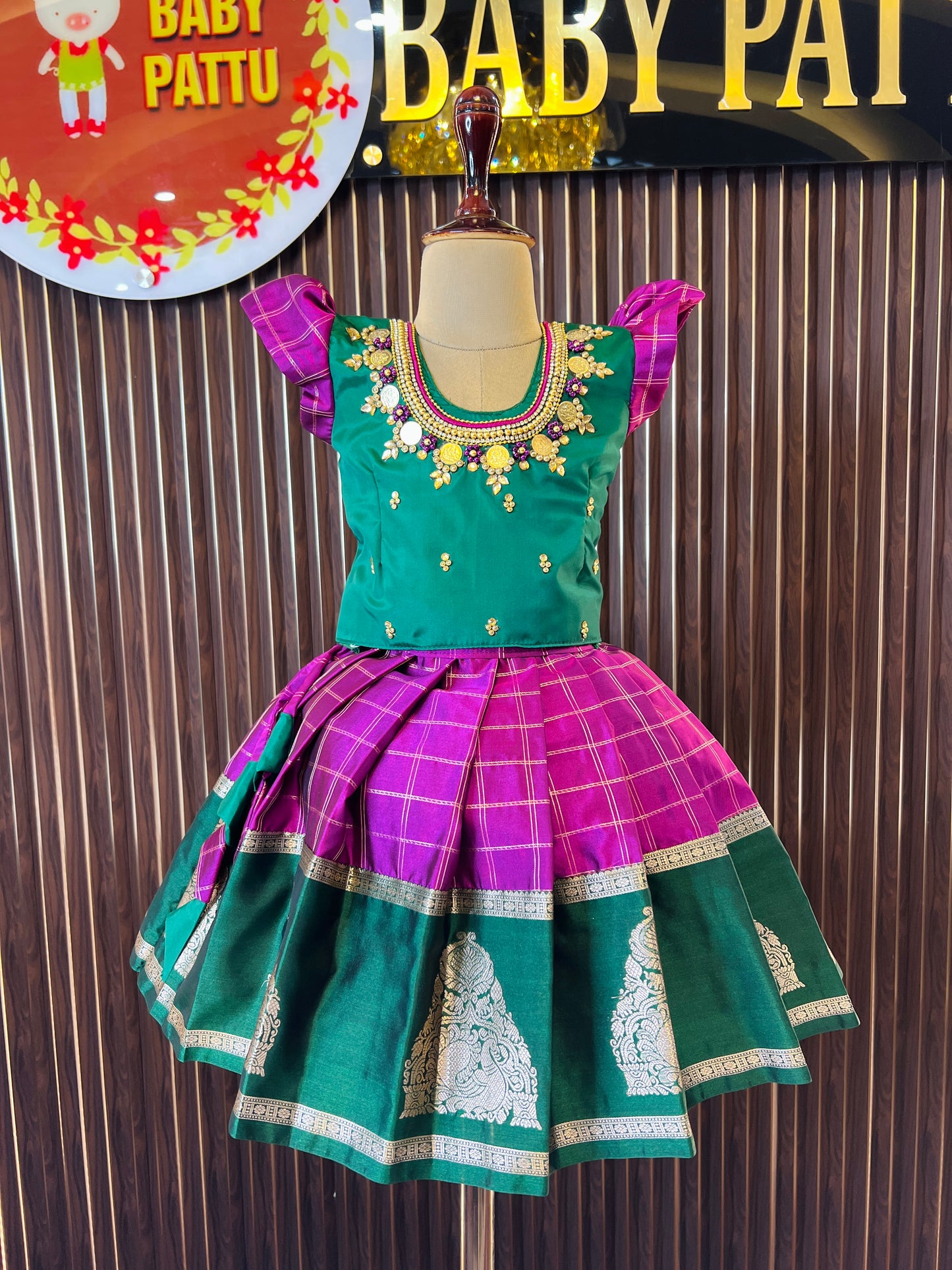 Combo 2 Tops with 1 bottom  - Green Top & Purple Bottom Pattu Pavada