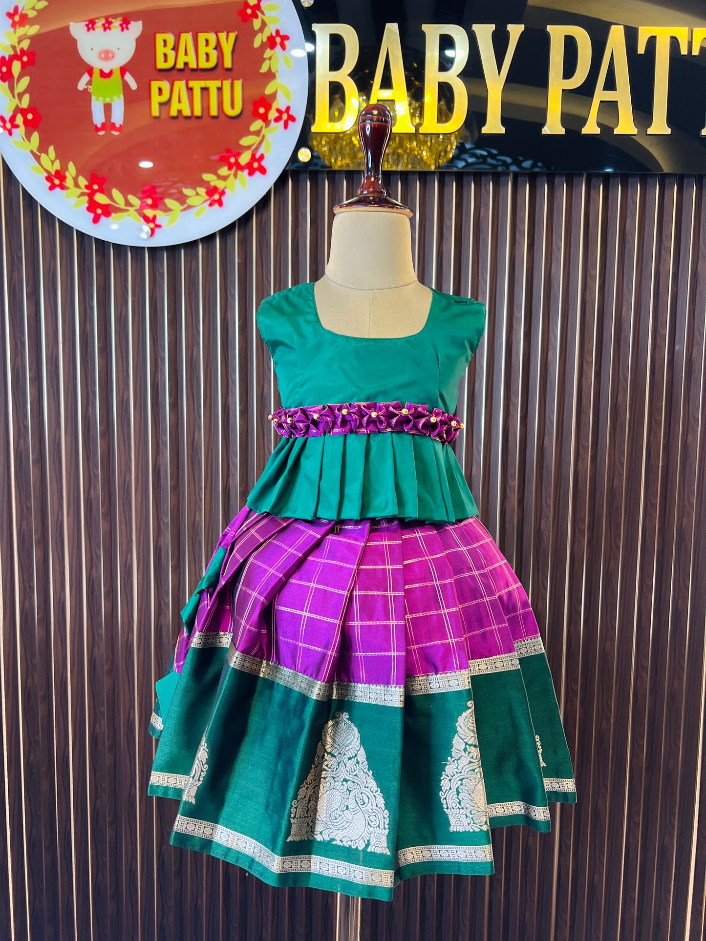 Combo 2 Tops with 1 bottom  - Green Top & Purple Bottom Pattu Pavada