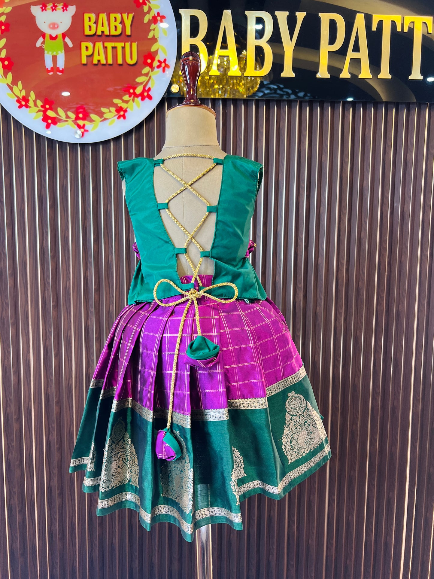 Combo 2 Tops with 1 bottom  - Green Top & Purple Bottom Pattu Pavada