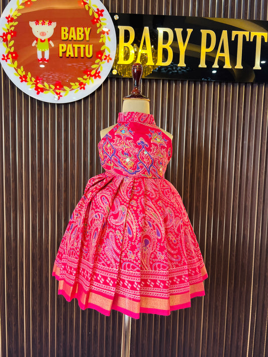 Halter Neck Redish Pink Color Mul Cotton Frock