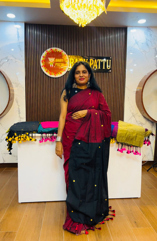 Khadi Cotton Dual Color combination Saree - Maroon and Black Color