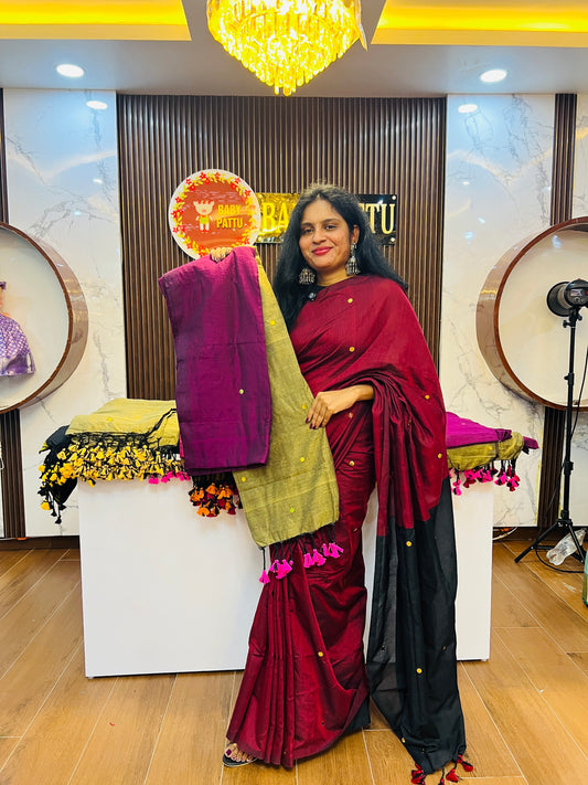 Khadi Cotton Dual Color combination Saree - Wine and beige Color