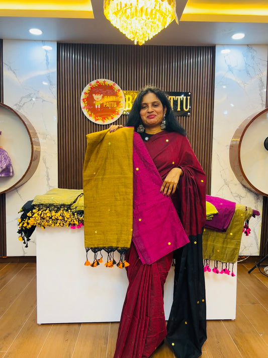 Khadi Cotton Dual Color combination Saree - Pinkish Purple and Mustard Yellow Pallu with Tassels