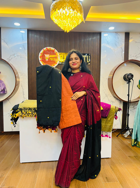 Khadi Cotton Dual Color combination Saree - Orange and Black Pallu with tassels