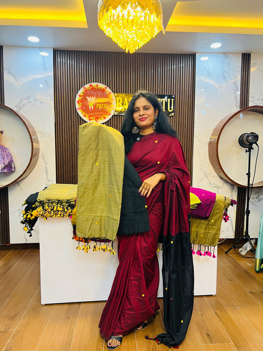 Khadi Cotton Dual Color combination Saree - Black saree And Beige Pallu