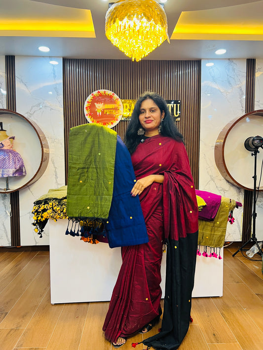 Khadi Cotton Dual Color combination Saree - Blue Saree and Green Pallu