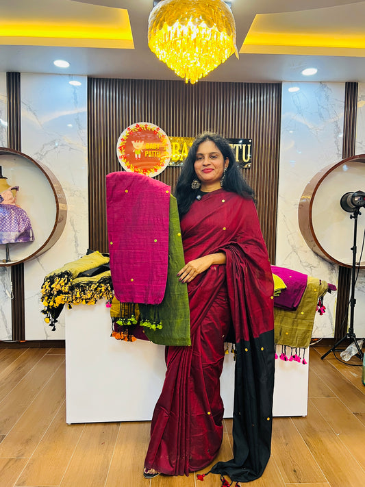 Khadi Cotton Dual Color combination Saree - Green and pink Pallu