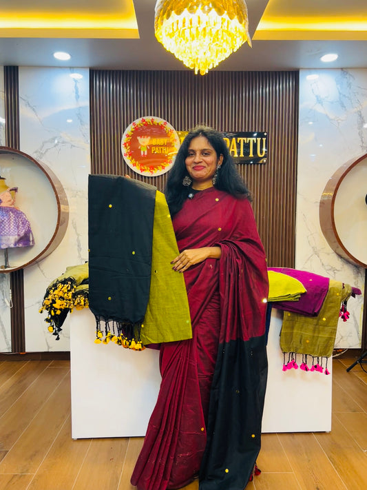 Khadi Cotton Dual Color combination Saree - Green saree and black Pallu