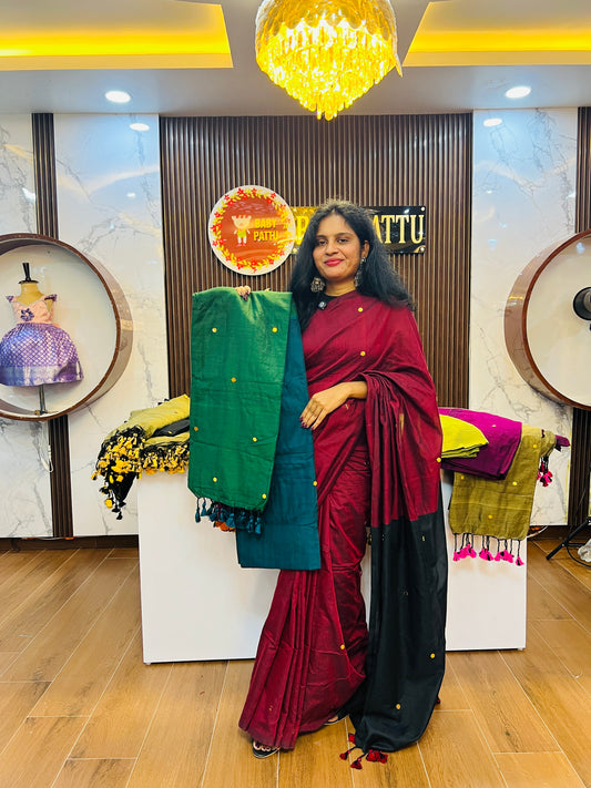 Khadi Cotton Dual Color combination Saree - Peacock Blue Saree And Green Pallu