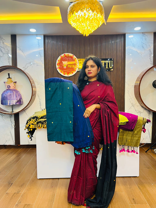 Khadi Cotton Dual Color combination Saree - Peacock Blue Saree and Navy blue Pallu