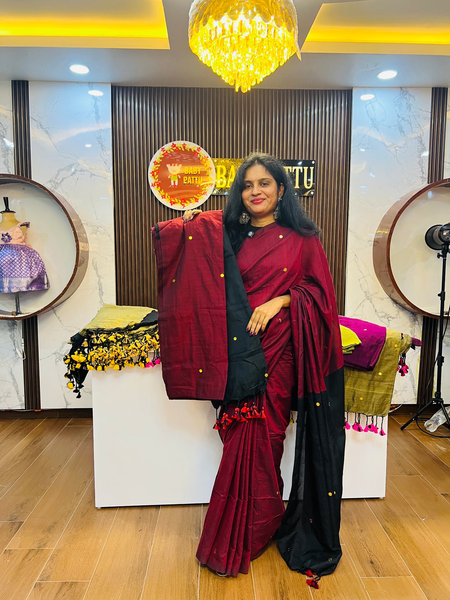 Khadi Cotton Dual Color combination Saree - Maroon and Black Color