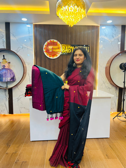 Khadi Cotton Dual Color combination Saree - Pinkish Purple And Peacock Blue Pallu