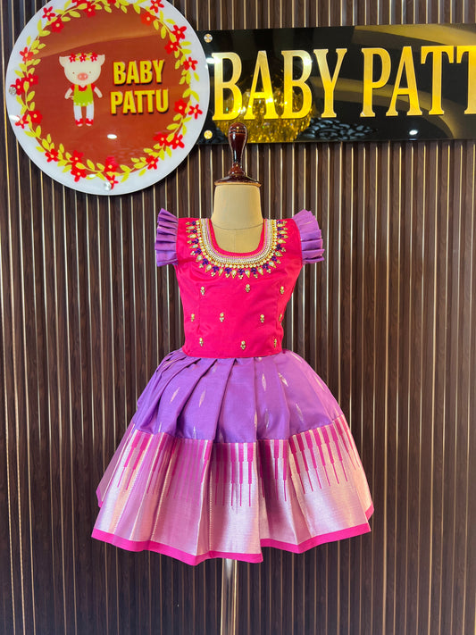 Combo 2 Tops with 1 bottom - Rani Pink Top & Lavender Bottom Pattu Pavada