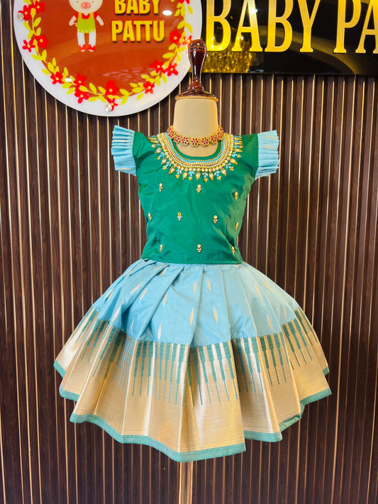 Combo 2 Tops with 1 bottom - Green Top & Powder Blue Bottom Pattu Pavada