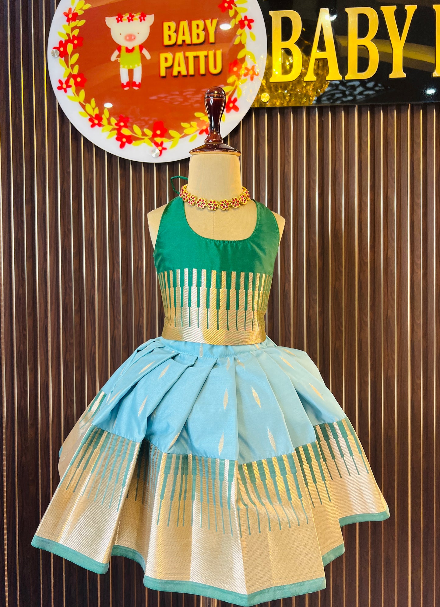 Combo 2 Tops with 1 bottom - Green Top & Powder Blue Bottom Pattu Pavada