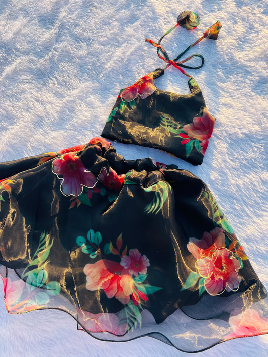 Black Floral Print Cute Organza Crop Top Pattu Pavada