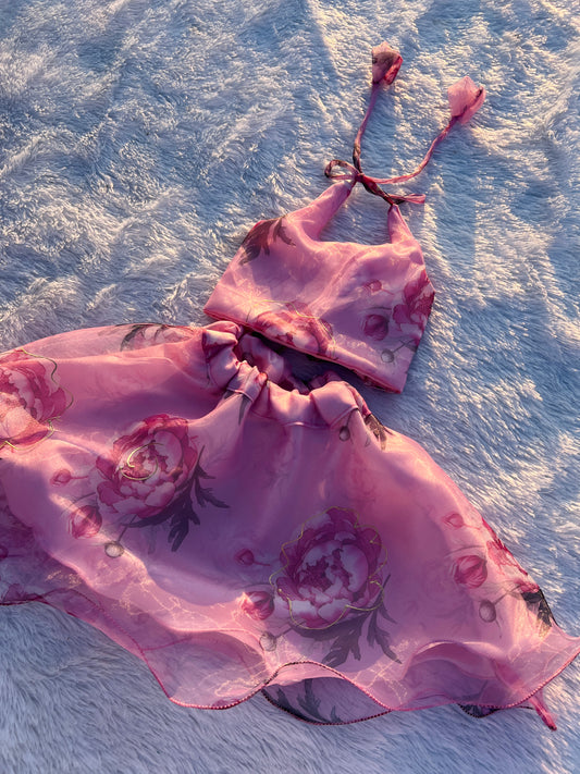 Baby Pink Organza Crop Top Pattu Pavada