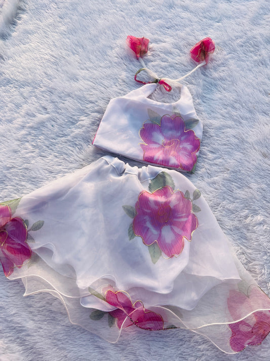 White with Pink Floral print Organza Pattu Pavada