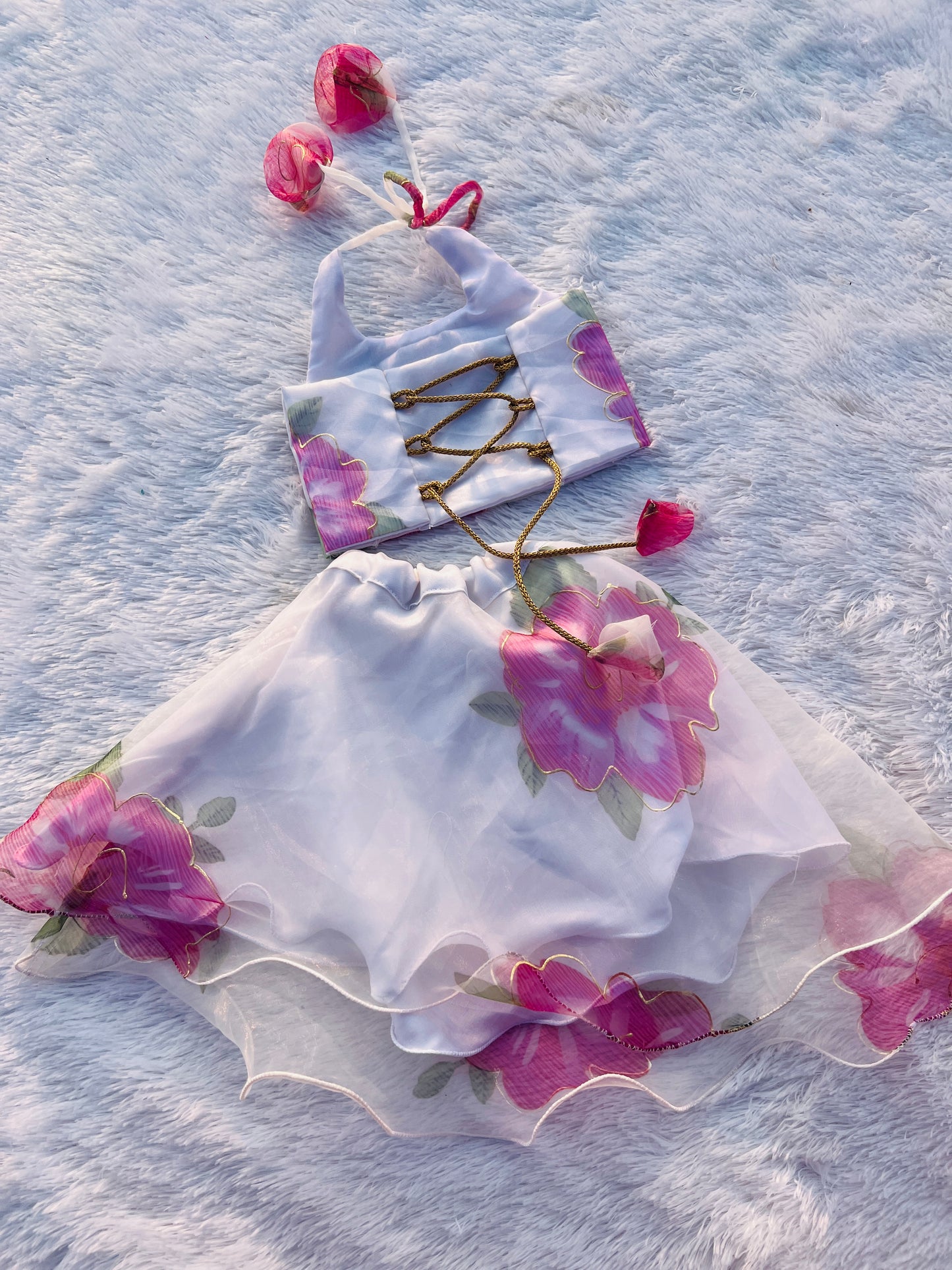 White with Pink Floral print Organza Pattu Pavada