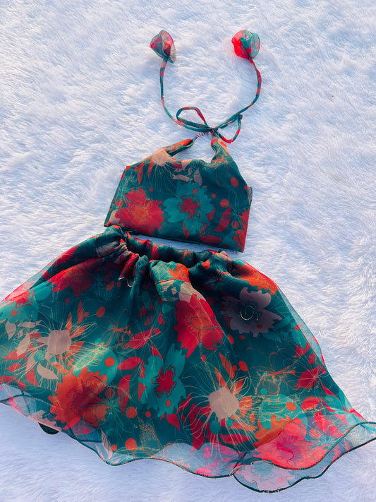 Peacock Green Floral print Organza Crop Top Pattu Pavada