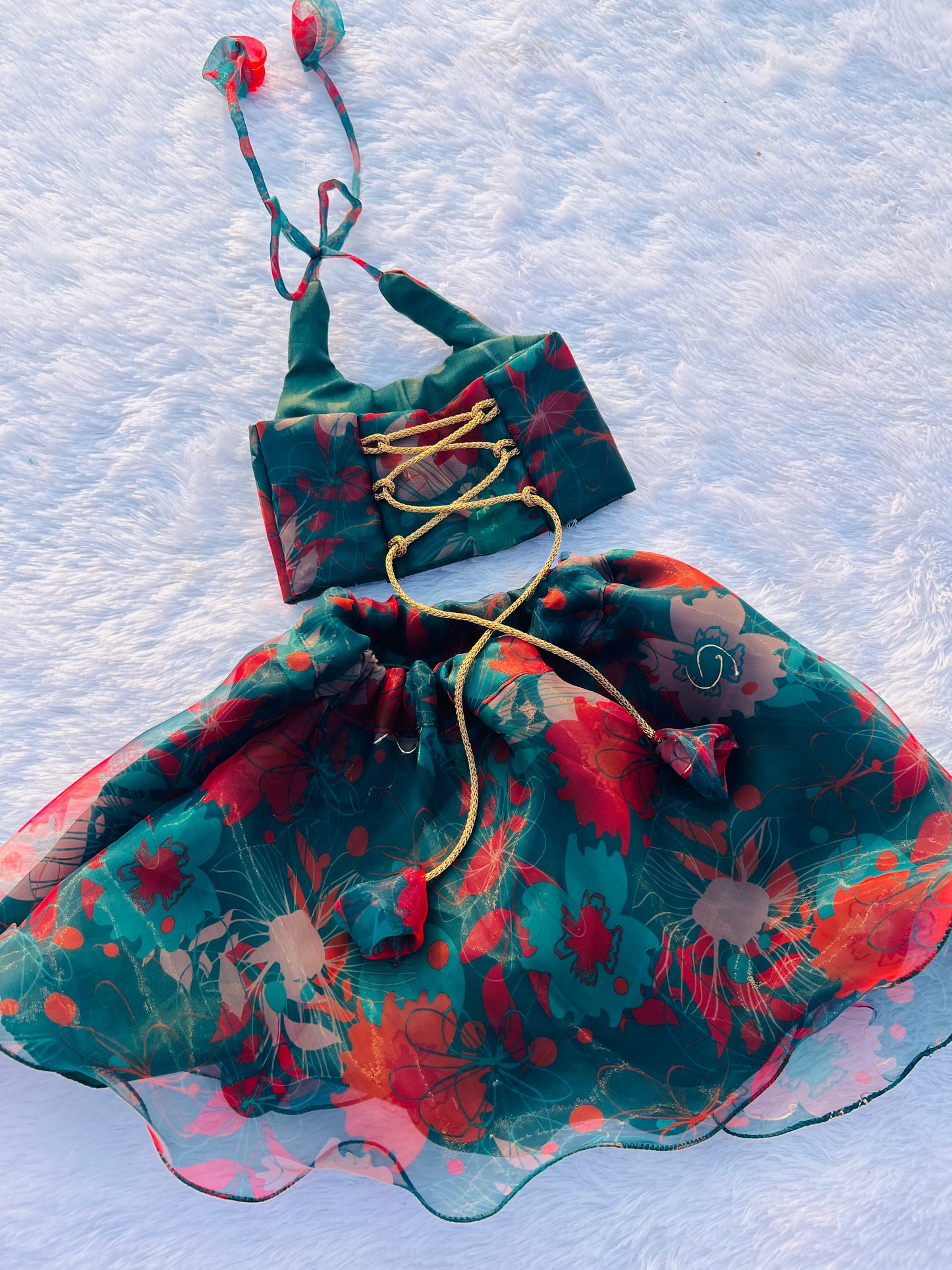 Peacock Green Floral print Organza Crop Top Pattu Pavada