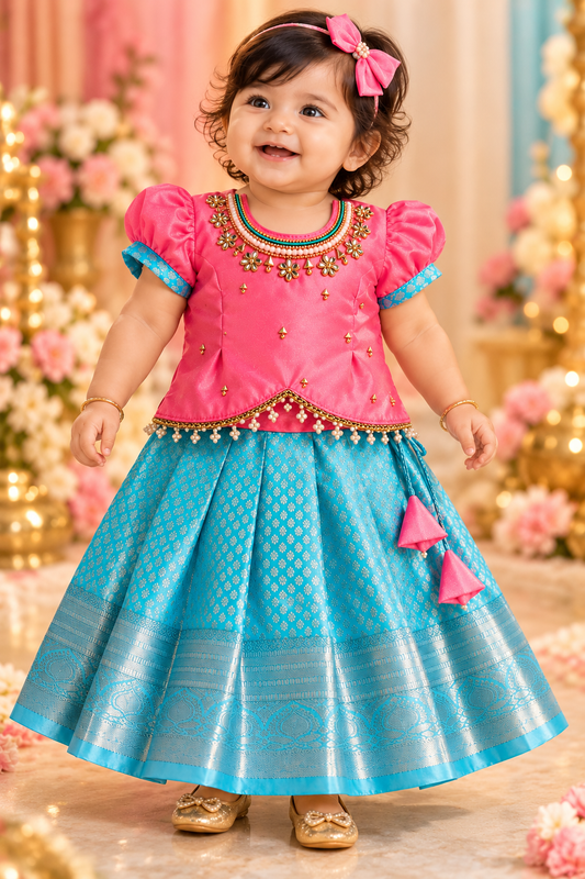 Pink & Turquoise Pattu Pavada