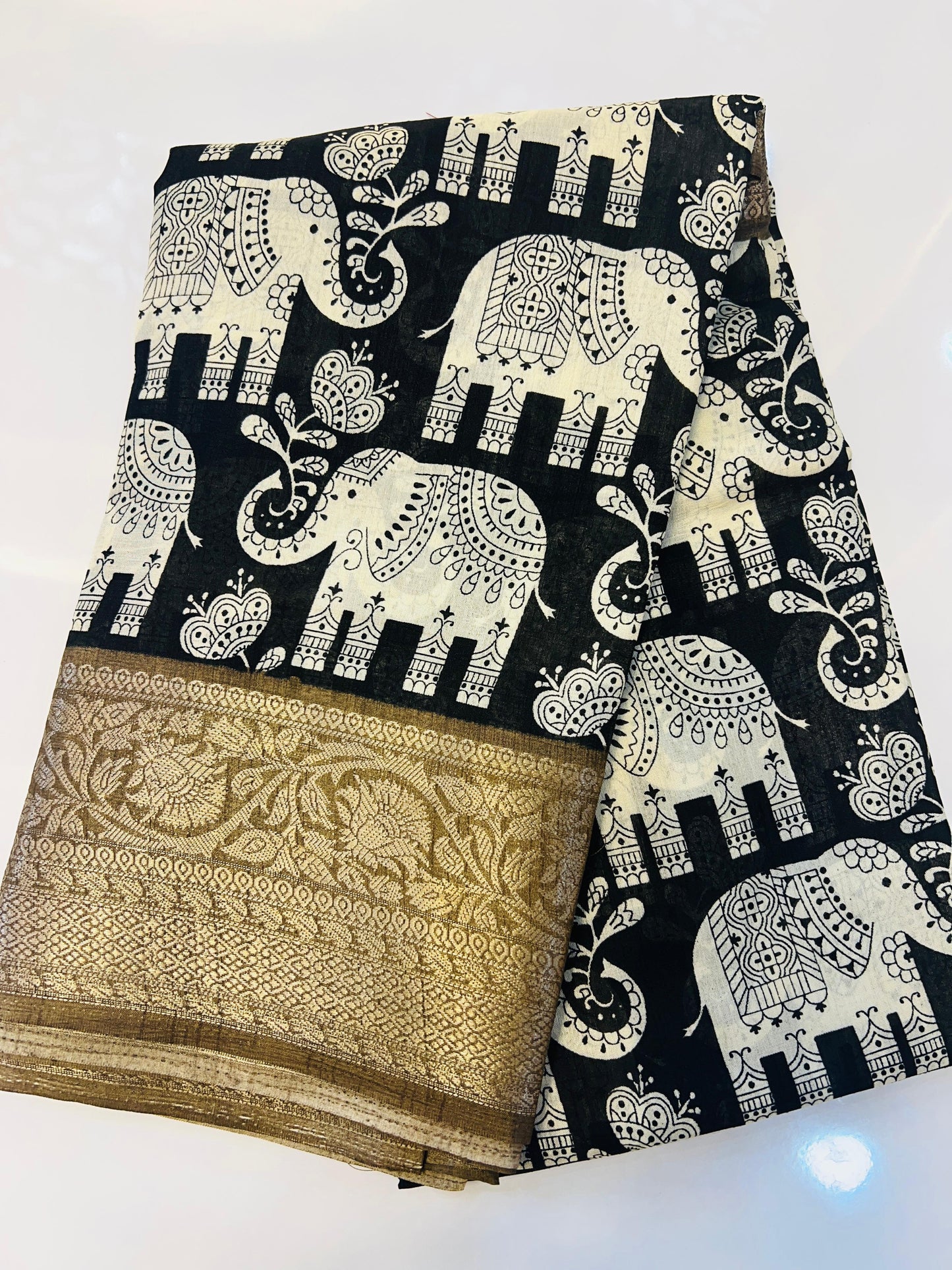 Black With Light Brown Border Soft Dola With Elephant Print