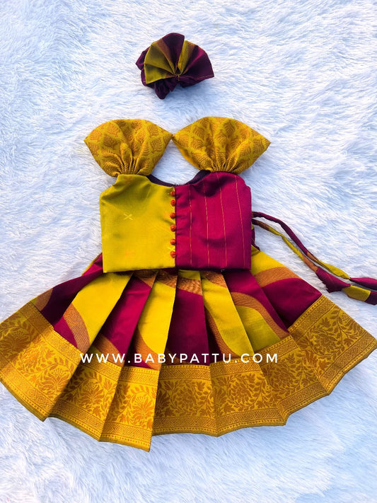 Mustard Yellow & Maroon Pattu Pavada