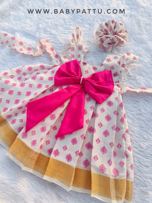Pink and White kerala cotton frock