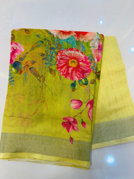 Light Yellow Color Linen Floral Print Saree