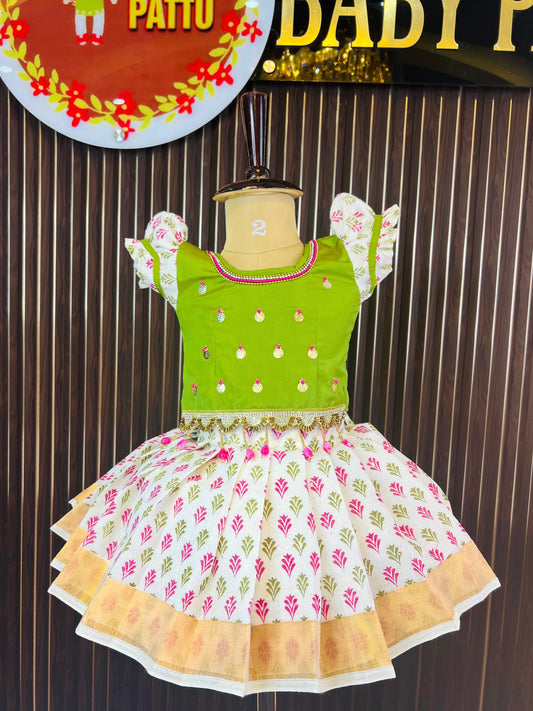 Parrot Green Top And Kerala Cotton Bottom Pattu Pavada - Onam 2025 collections