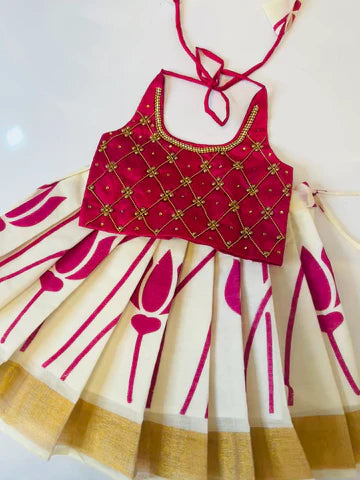 Rani Pink Color Crop Top And Kerala Cotton Bottom Pattu Pavada