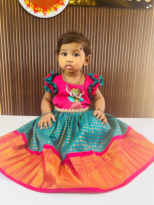 Pink & Rama Green Colour Frock
