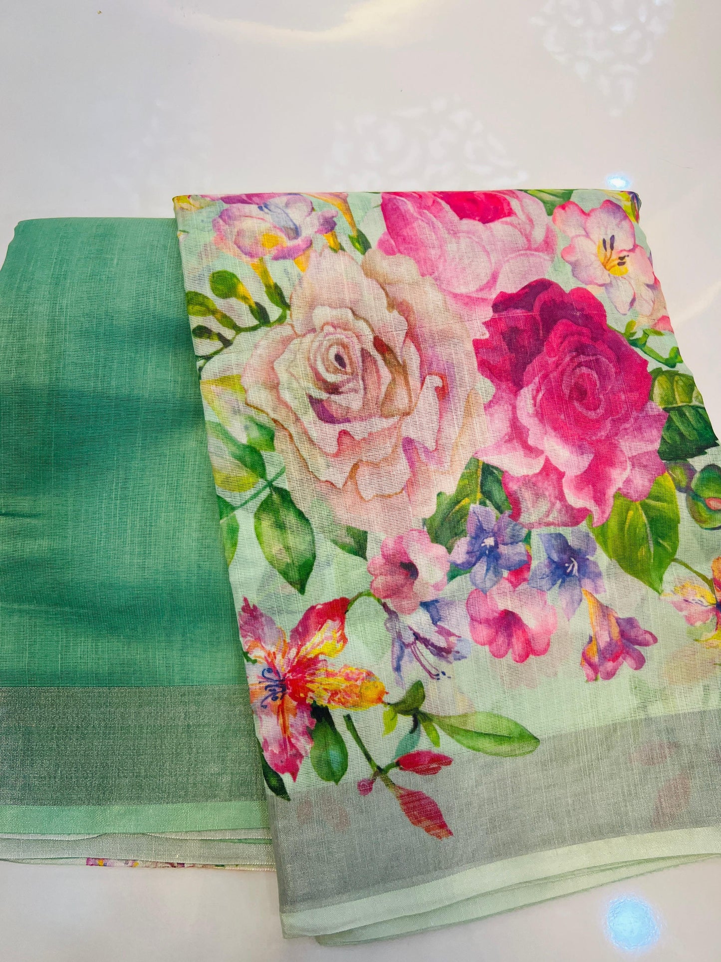 Pista Green Colour Linen Floral Print  Saree
