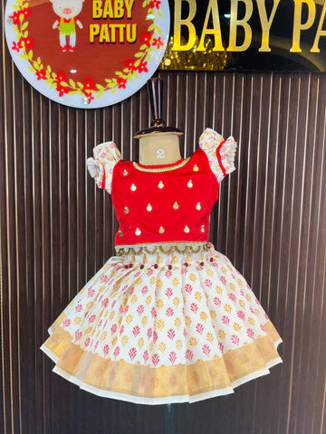 Red Color Top And Kerala Cotton Bottom Pattu Pavada