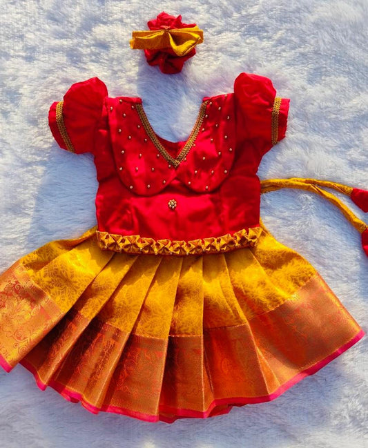 Red & Yellow Pattu Pavada