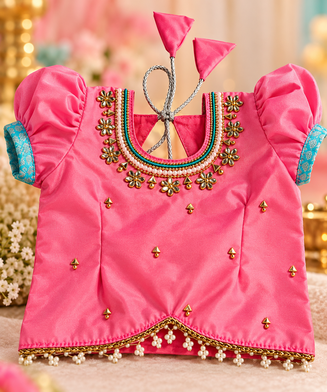 Pink & Turquoise Pattu Pavada
