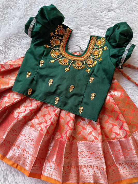 Green Top and Orange Bottom Pattu Pavada