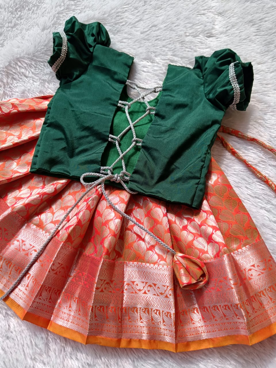 Green Top and Orange Bottom Pattu Pavada