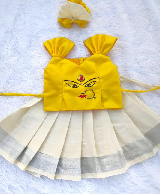 LEMON YELLOW TOP AND KERALA KASUVU COTTON PATTU PAVADA