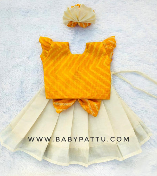 Mango Yellow Dark Shade Soft Kota Cotton Top & White Kasuvu Cotton