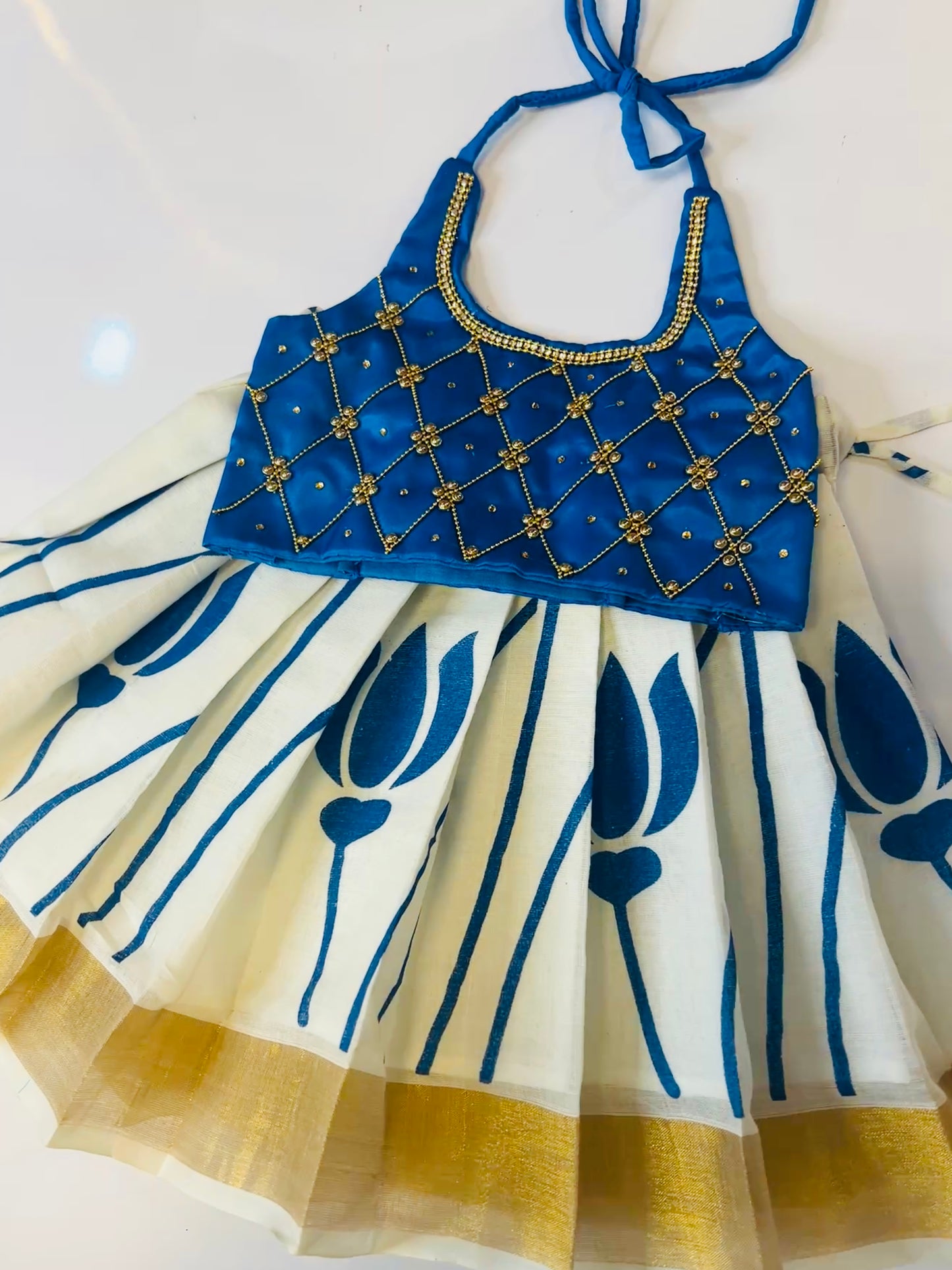 Blue Color Crop  Top And Kerala Cotton Bottom Pattu pavada Onam 2025 collections