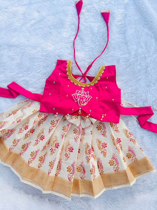 2025-Ganesh chathurthi Collections Pink Crop Top And Floral Print Keral Cotton Pattu Pavada
